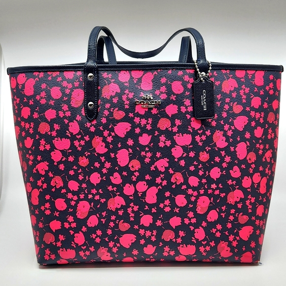 Coach Handbags - Coach Large Navy and Pink Floral Tote Bag